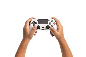 A pair of young hands grips a white gaming controller. The controller has black buttons, joysticks, and a touchpad, isolated on a transparent background