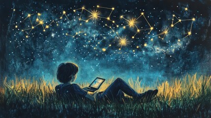 Dreamy pastel illustration of a teenager lying on a grassy field, exploring astronomy through a tablet under a starry sky
