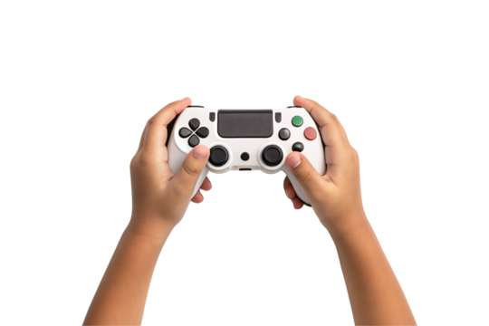 A pair of young hands grips a white gaming controller. The controller has black buttons, joysticks, and a touchpad, isolated on a transparent background