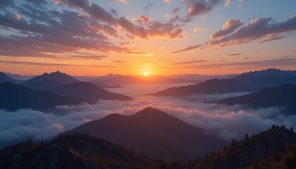 Fototapeta premium Majestic mountain range shrouded in clouds, illuminated by the rising sun