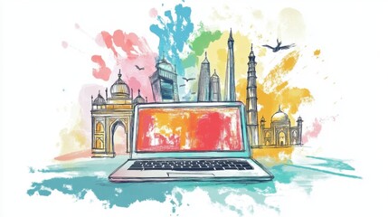 Soft Pastel Drawing of an Open Laptop with Cultural Landmarks Emerging, Representing Online Language Learning