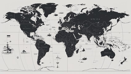 A globe with continents in Black characters and objects on a white background