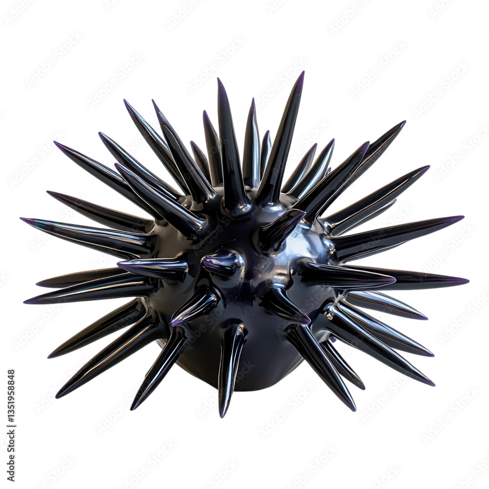 Poster black spherical object with sharp spikes against a white background for abstract concepts