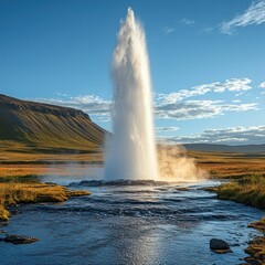 Majestic Geyser Eruption in Iceland's Dramatic Landscape