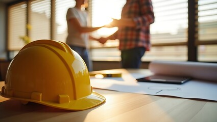 Yellow hard hat on a wooden table with blueprints, tape measure, and tablet. In the blurred background, two people shake hands, symbolizing partnership in construction.