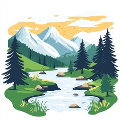 Mountain river landscape, sunset, birds flying, nature scene, travel poster