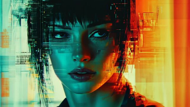 Futuristic Beauty Portrait of a Woman in Cyberpunk Style with Glitch Art Effects