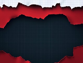 Torn white graph paper at the top and bottom, with rich red paper layered in between, set against a dark navy background