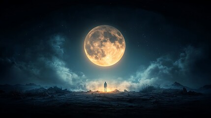 Naklejka premium Solitary figure under a full moon