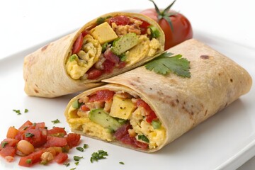 A fresh Mexican meal featuring chicken wrapped in a tortilla, alongside nachos with guacamole and salsa