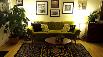 Cozy living room with green sofa, plants, and patterned rug at night. Ideal for home decor websites