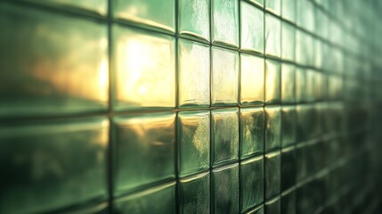 Obraz premium Green glass tile wall reflecting light with a shallow depth
