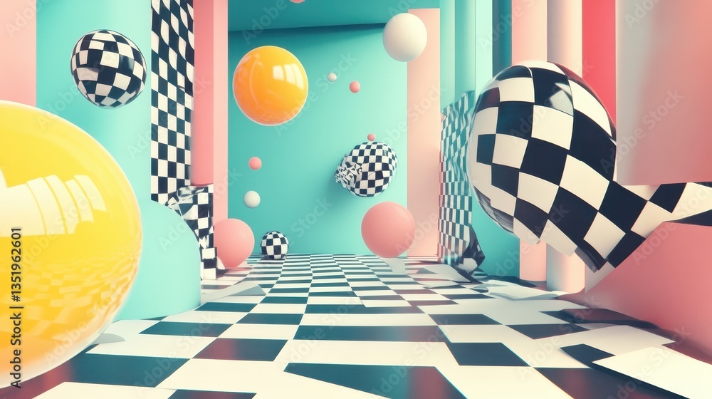 Poster abstract geometric hallway features spheres of different colors and patterns