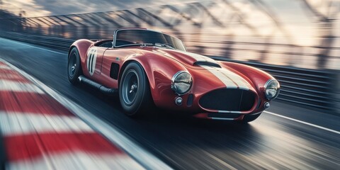 Obraz premium A red vintage racing car speeding along the racetrack surface