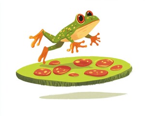 Joyful frog jumping on pizzashaped lily pad 