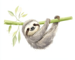Charming flat  sloth hanging on green branchshaped straw © Sofia