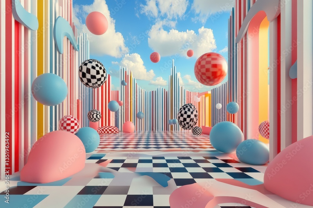 Poster a colorful whimsical artistic rendering with shapes spheres and striped walls
