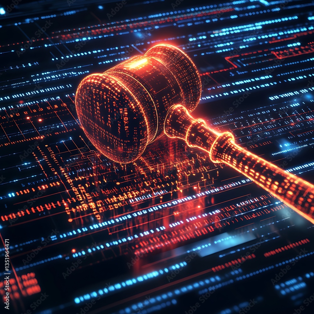 Poster Digital gavel on a binary code background