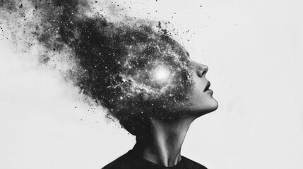 Cosmic Learning: Charcoal Drawing of a Person Watching a Digital Class as Their Head Transforms