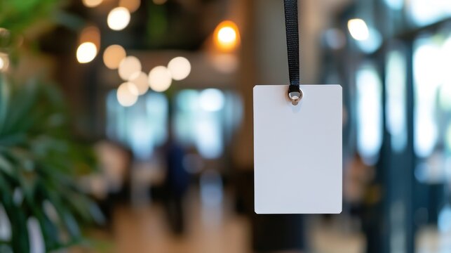 Blank name tag hanging in a modern venue with blurred background