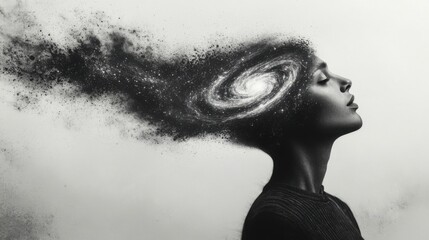 Charcoal Art of a Person Watching a Digital Class as Their Head Transforms into a Galaxy
