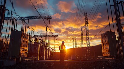Silhouette of engineer at sunset in electrical substation.
