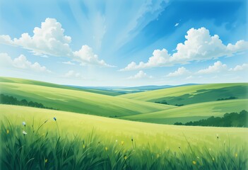 Obraz premium Rolling Green Hills Landscape, Serene summer landscape with rolling green hills and blue sky.