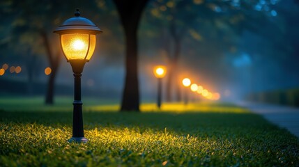 Illuminated garden pathway with classic street lights at dusk