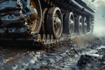 Close-up of a tank's muddy tracks on rugged terrain.