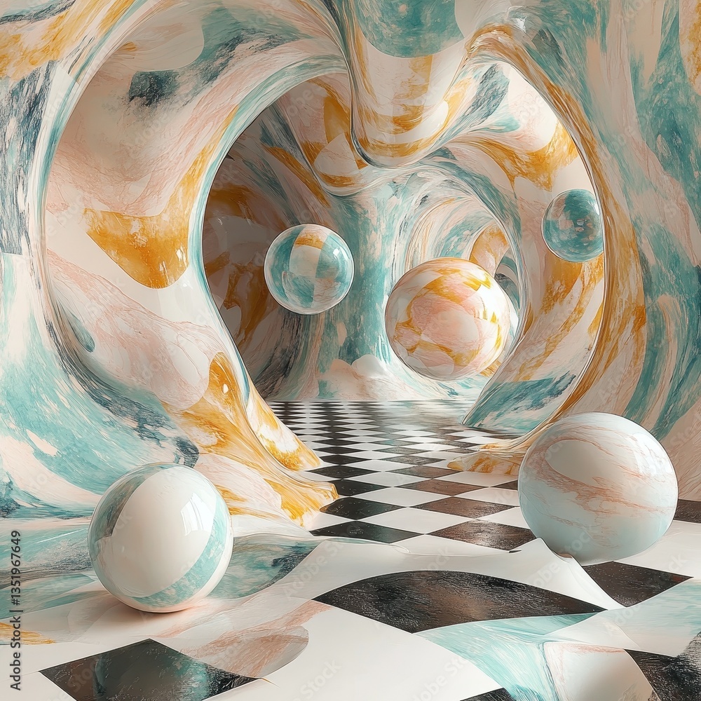 Poster an abstract hallway with spheres and a checkered patterned floor
