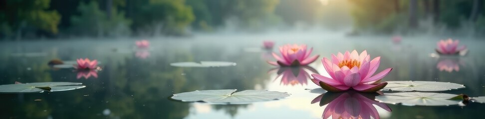 Water lilies on a serene lake with soft morning mist, water,, morning
