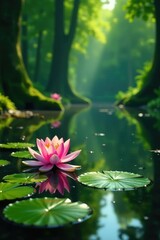 Water lily pond with lush greenery and forest surroundings, water, floral, nature