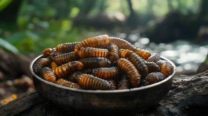 A bowl of insects is sitting on a log