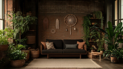Obraz premium Boho living rooms with cozy couches, indoor plants, and dreamcatcher wall decor 