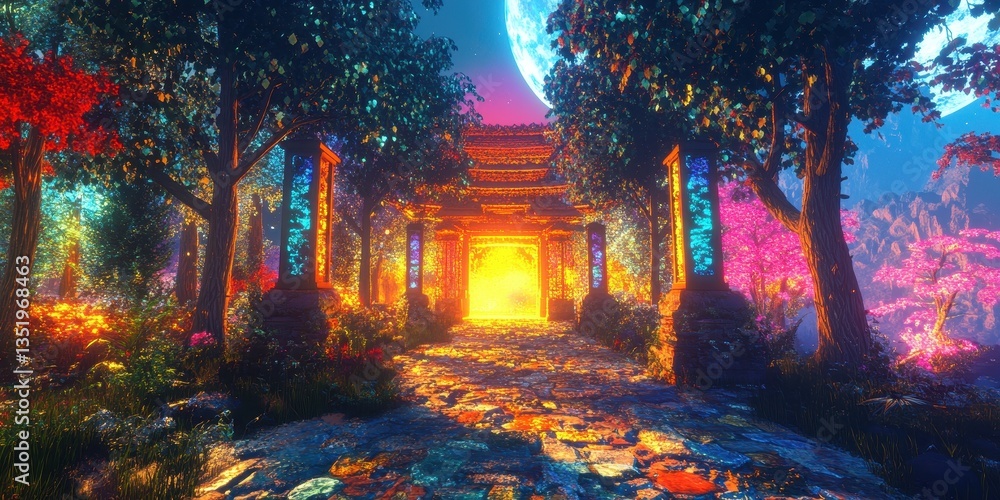 Poster an illuminated path leads to a grand gateway in a mystical forest