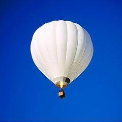 Naklejka premium White hot air balloon ascends against a clear blue sky. Ideal for travel, adventure, freedom concepts