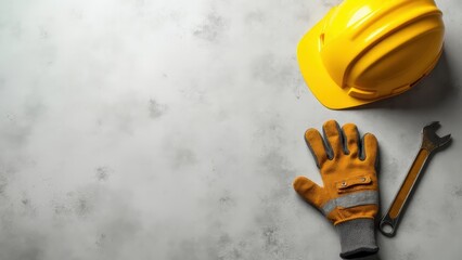 A clean and minimalistic flat-lay composition featuring a single worn-out worker's glove, a wrench, and a construction helmet. Minimalist Labor Day Tribute