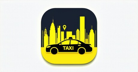 Bold yellow and black taxi hailing app icon with city skyline and real time car location tracker flat d glossy style round square shape modern app icon featuring clean minim