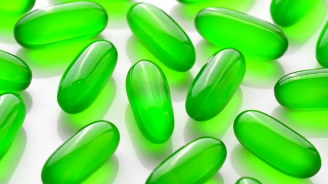 Vitamin e capsules kept on rotating disk. Close up of green vitamin e capsules on white surface.