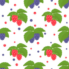 Raspberry and blackberry isolated on a white background. Seamless pattern. Red, violet berries and green leaves in the flat style. Background for paper, gift wrap, textile, wallpaper.