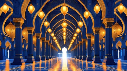 Stunning Blue Palace Corridor with Golden Lanterns