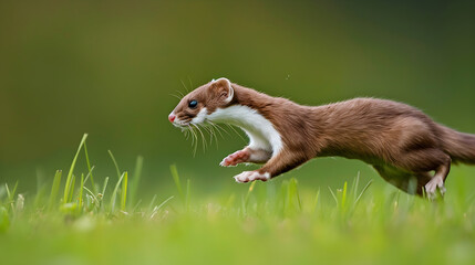 Vivid portrayal of a swift and agile weasel in its natural habitat, showcasing its courage, dexterity, and focus during a hunt in a grassy field.