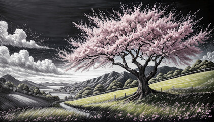 Cherry blossom tree drawn with chalk on a blackboard　黒板にチョークで描いた桜の木
