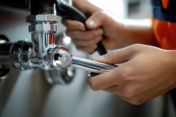 Plumber Repairing Water Pipe Under Kitchen Sink with Wrench and Tools for Leak Fixing and Maintenance