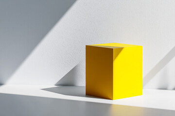 Vibrant Yellow Cube on Minimalist White Surface: Light and Shadow Interplay