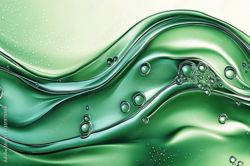 Poster abstract green liquid waves and bubbles close up high gloss texture artwork with space for design el