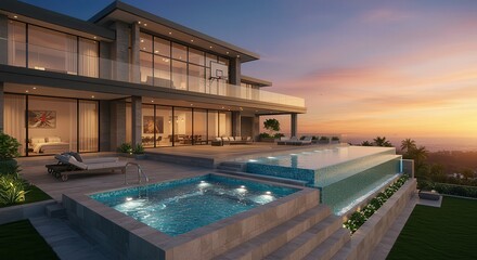 Fototapeta premium Luxury Home with Swimming Pool at Sunset Modern Architecture