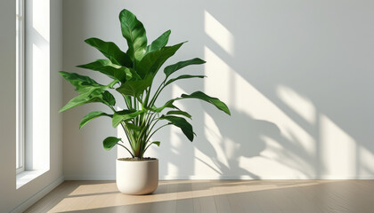 Minimalist Home Accent: Large Green Plant in a White Pot with Sunlit Shadows
