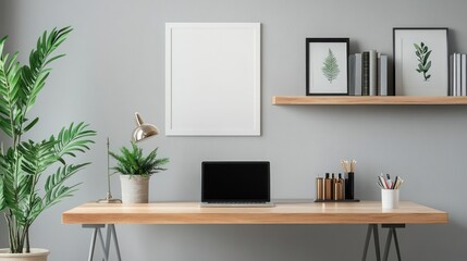 Modern home office workspace with wooden desk, plants, and floating shelves