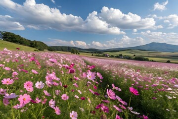 Fototapeta premium field of pink flowers and blue sky
